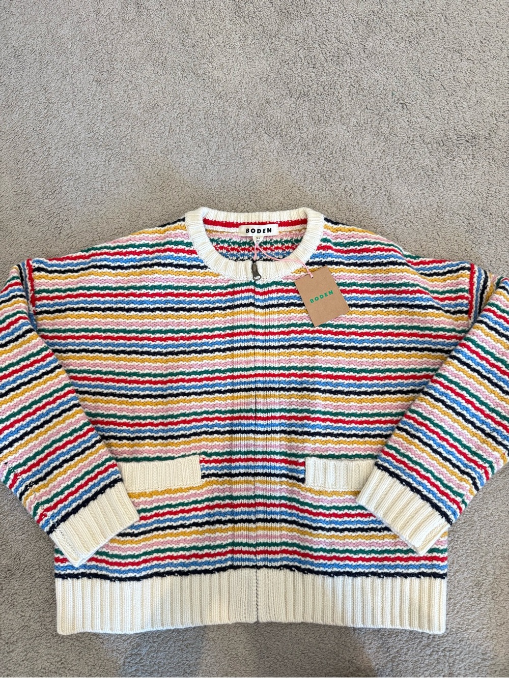 Boden Cream Multicolor Striped Zip Cardigan